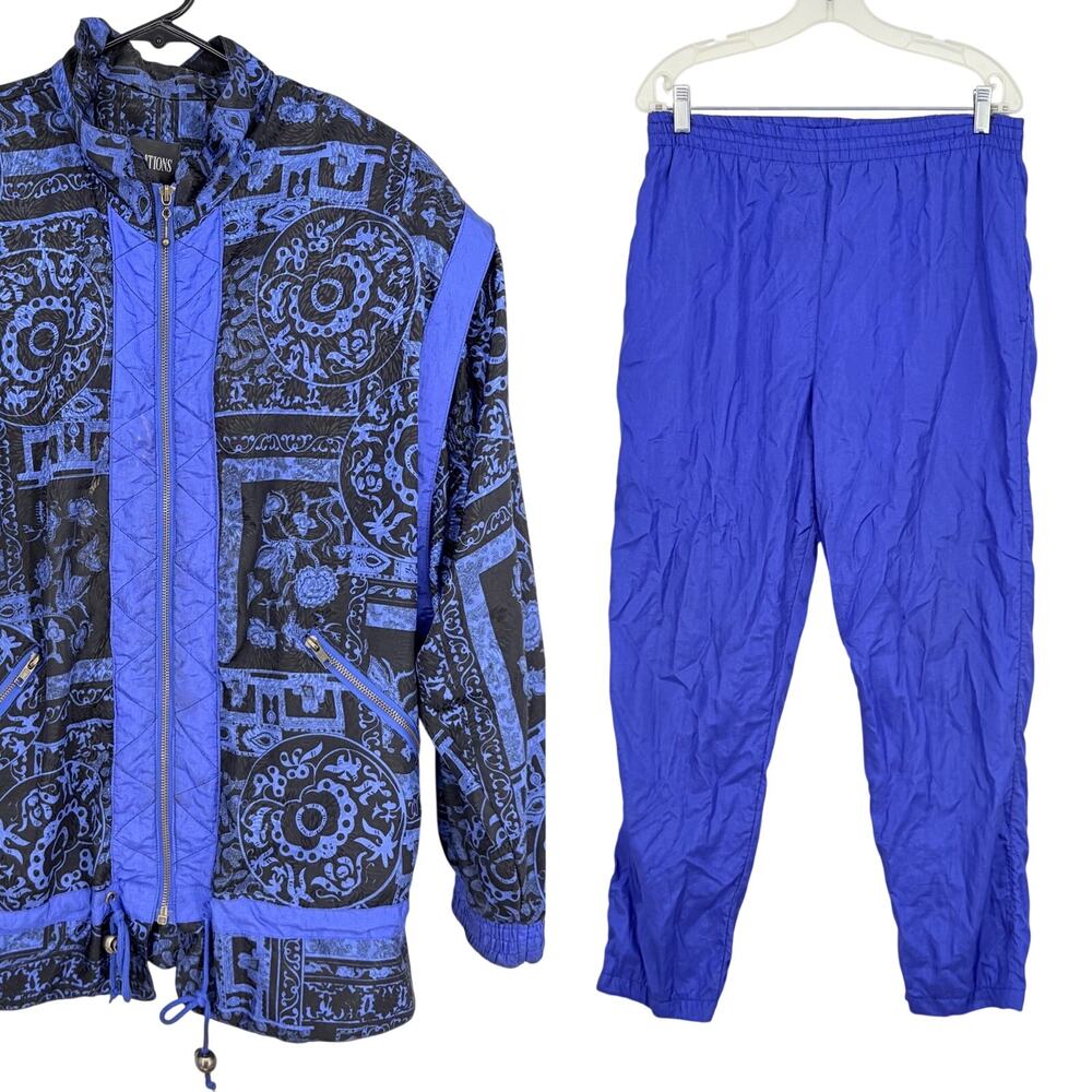 Indications 90's Vintage Women's Blue Black Abstract Track Sweatsuit Set Size M